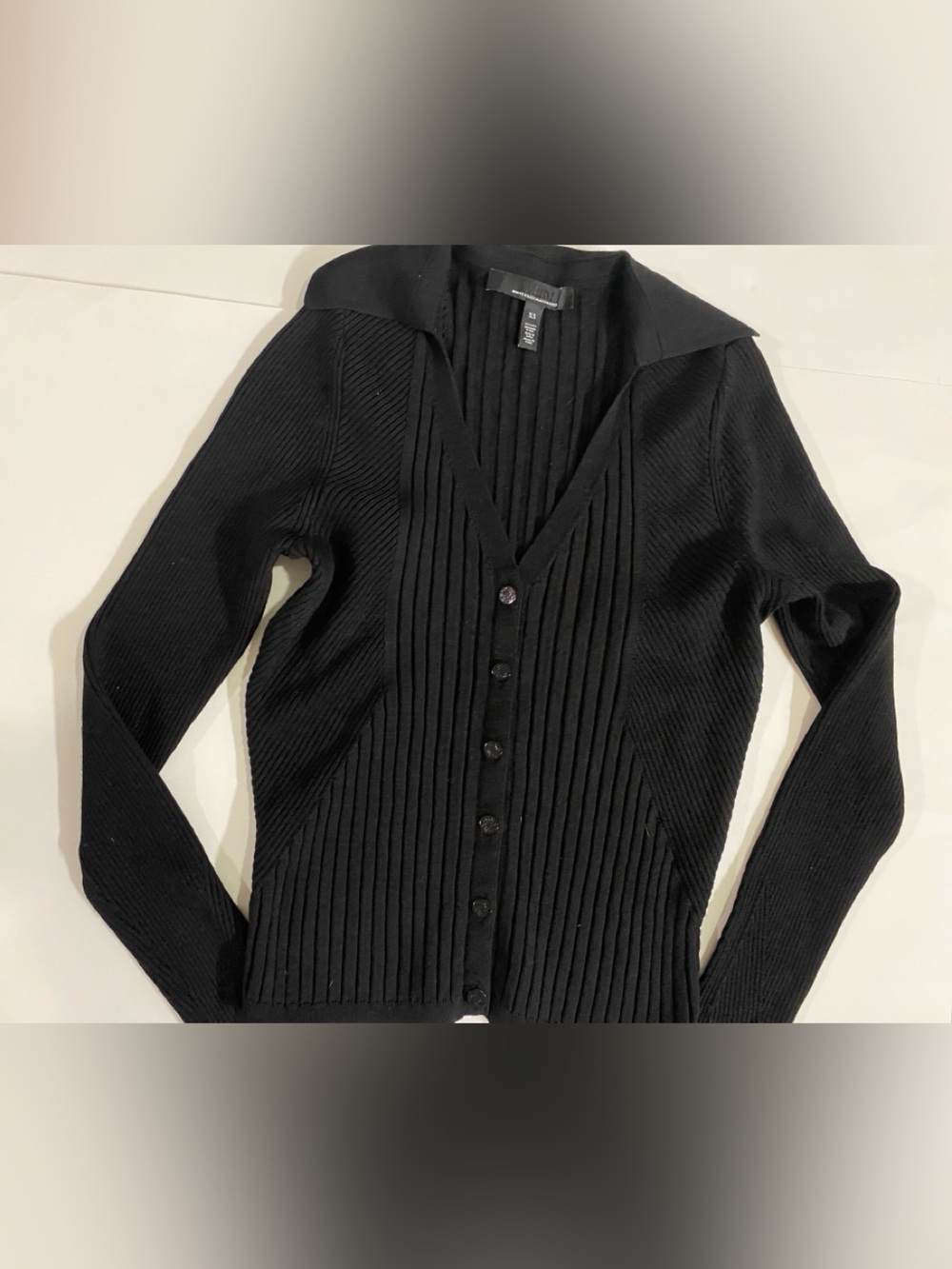White House Black Market Black Ribbed V-Neck Button Cardigan
